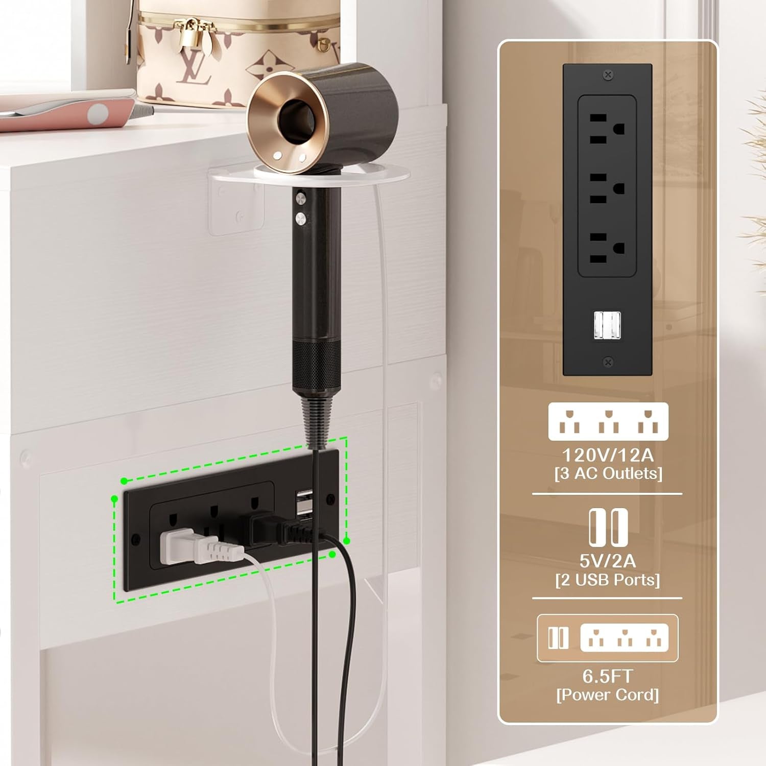 Small Vanity Desk, Vanity Desk with Mirror and Lights, Makeup Vanity Desks with Power Strip, Vanity Table with Drawers and Shelves, Adjustable Lighting, Dressing Table for Bedroom Dressing Room, White