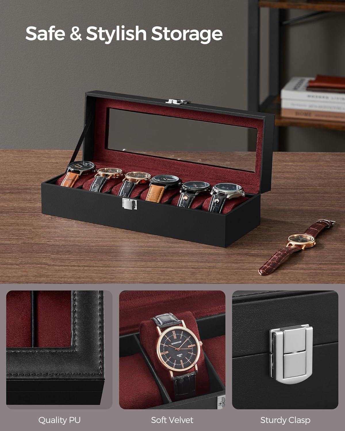 2 Items Bundle - Watch Boxes, 12-Slot Watch Box with Large Glass Lid and Removable Watch Pillows, 6-Slot Watch Case, Black Synthetic Leather UJWB12BK and UJWB006R01