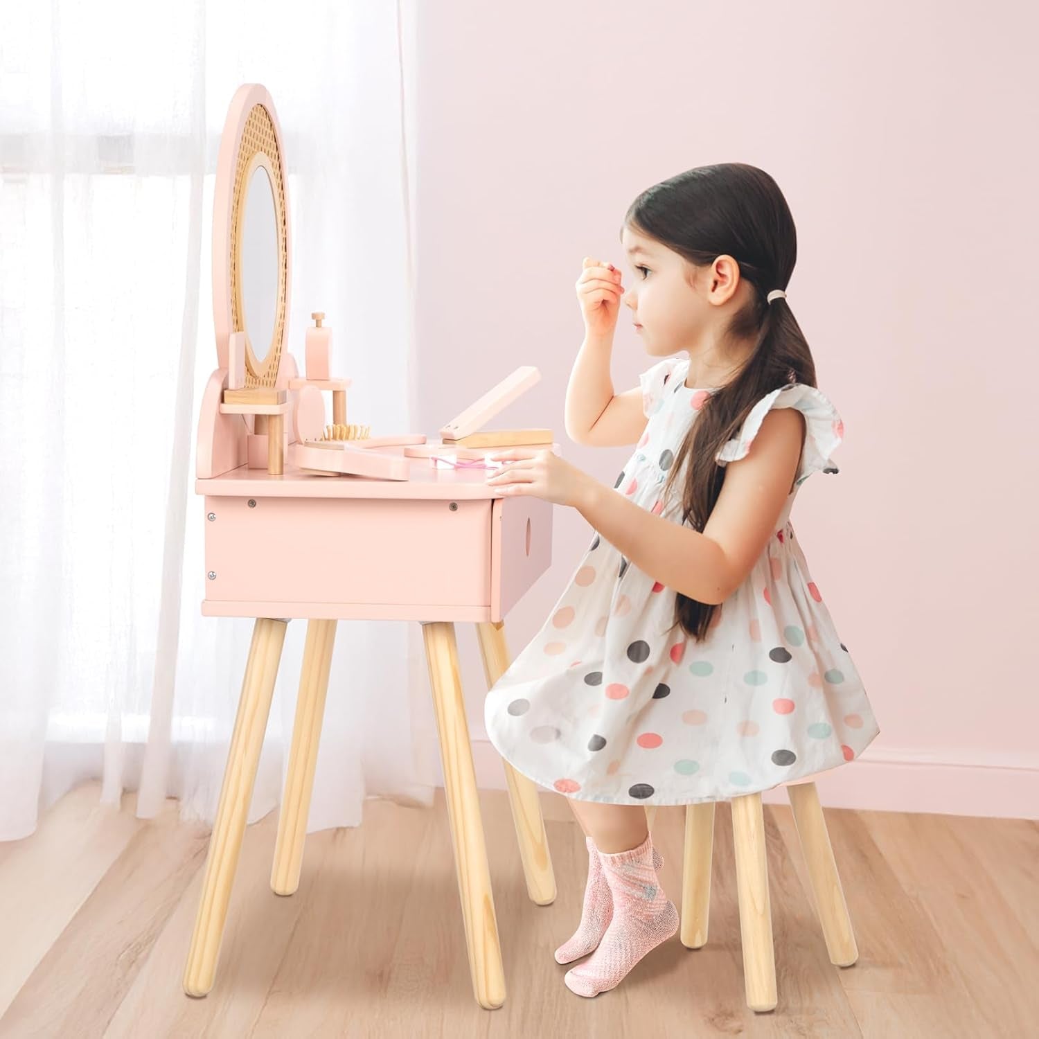 Kids Vanity Table and Chair Set, Pink Girls Vanity with 11 Pcs Accessories, Enough for Real and Pretend Makeup, Toddler Vanity for 3 Year Old and up as Ideal Gift
