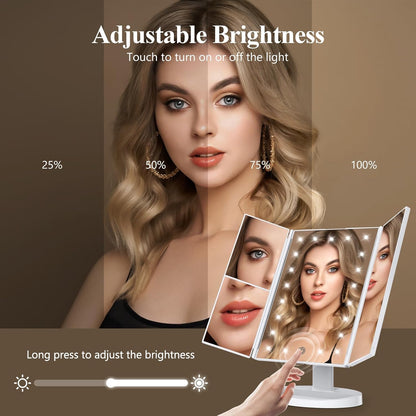 Makeup Mirror Vanity with Lights, 2X 3X 10X Magnification, Touch Control, Trifold Mirror, Dual Power Supply, Gifts for Women, Wife, Mom, Teengirls(White)