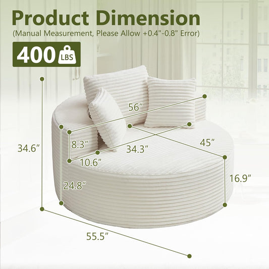 56''Oversized round Chair Lounge Chaise Indoor, Modern Upholstered Corduroy Cloud Circle Chair with Deep Seat, Comfy Fluffy Sleeper Sofa for Living Room Bedroom No Assembly Required (Beige)