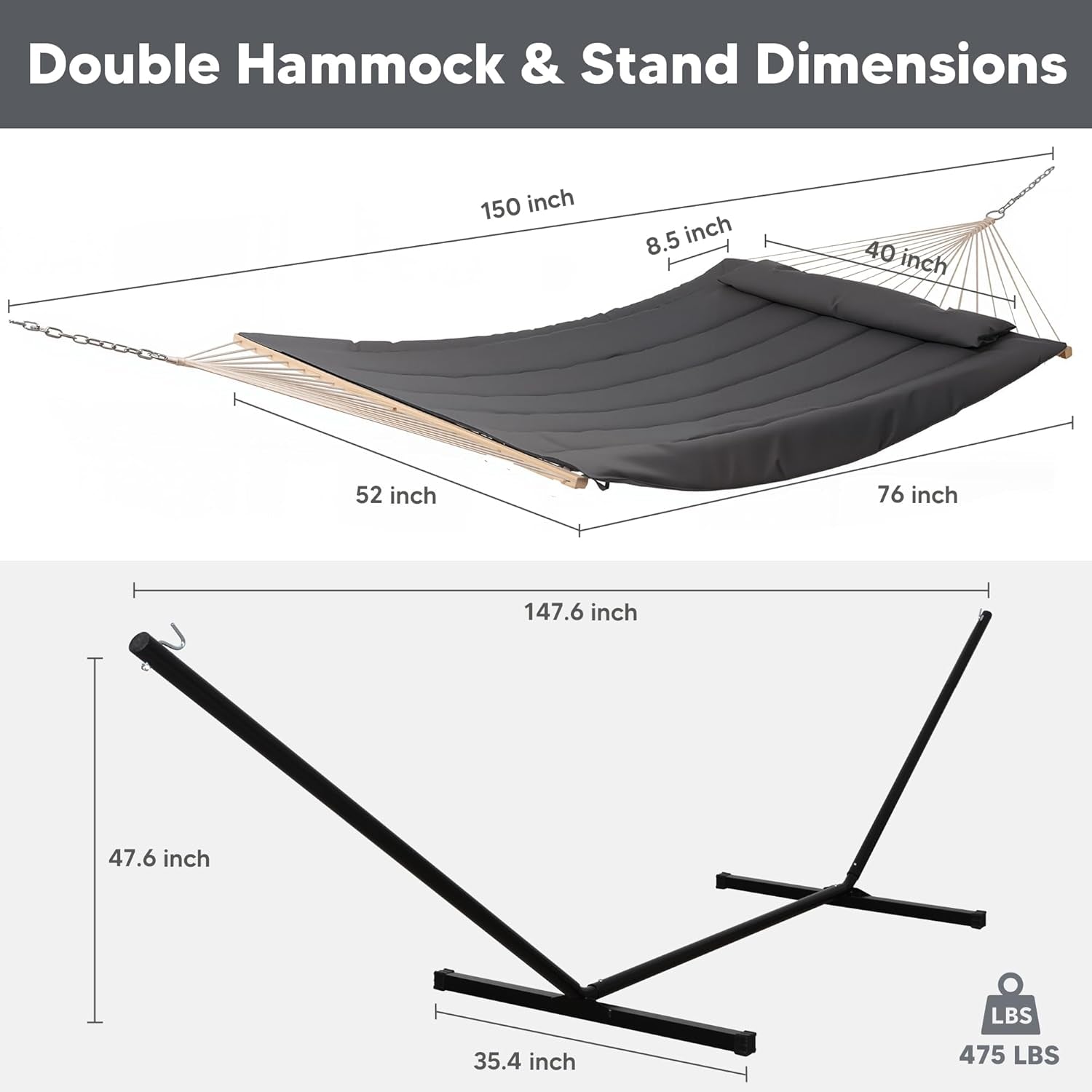 Double Outdoor Hammock with Stand, Carrying Bag, Two Person Cotton Rope Hammock with Polyester Pad, Dark Gray
