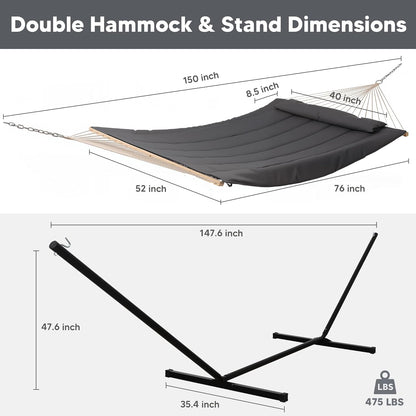 Double Outdoor Hammock with Stand, Carrying Bag, Two Person Cotton Rope Hammock with Polyester Pad, Dark Gray