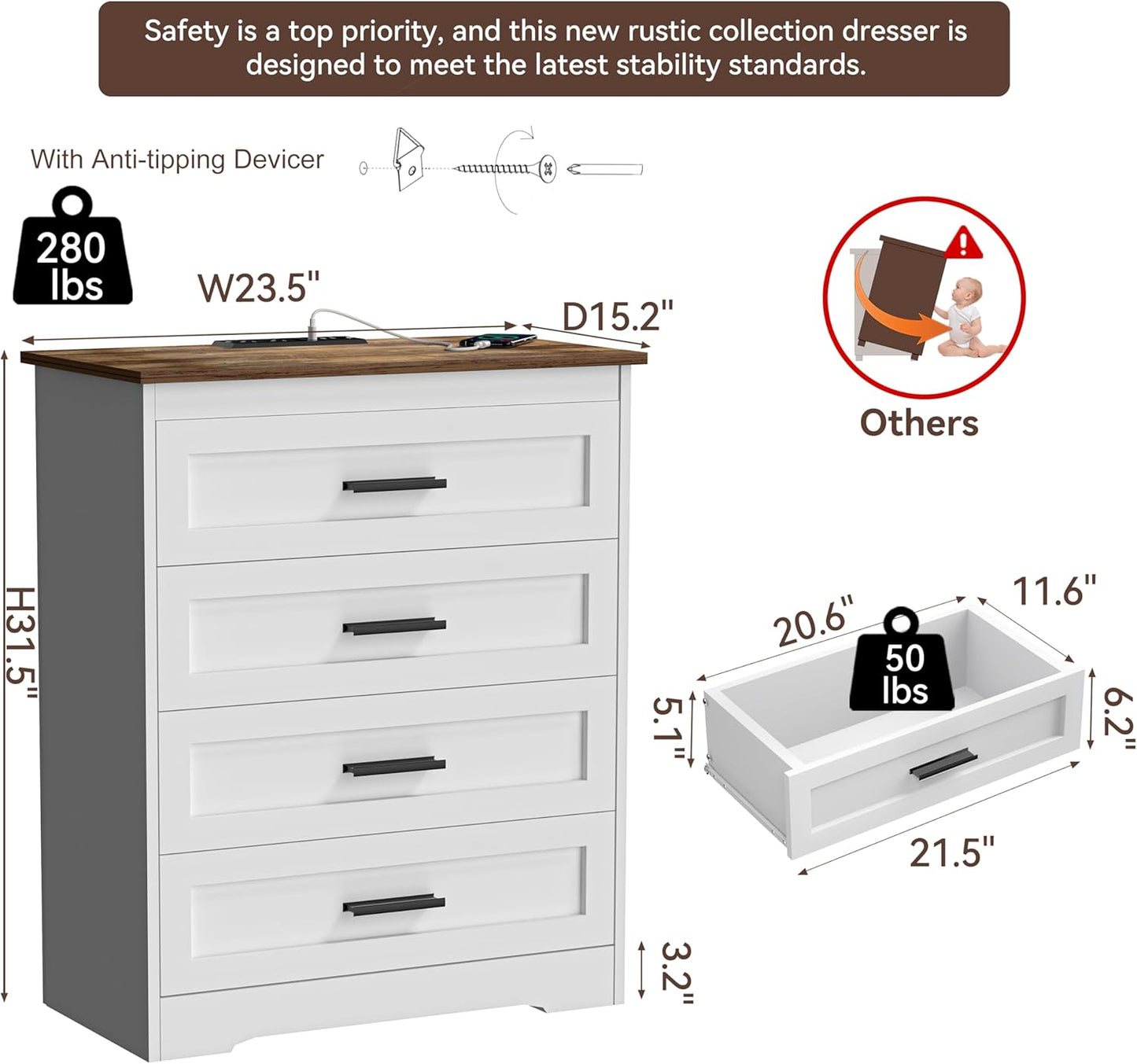 Farmhouse 4 Drawers Dresser for Bedroom Rustic Chest of Drawers with Natural Texture White Drawers Organizer for Living Room Hallway