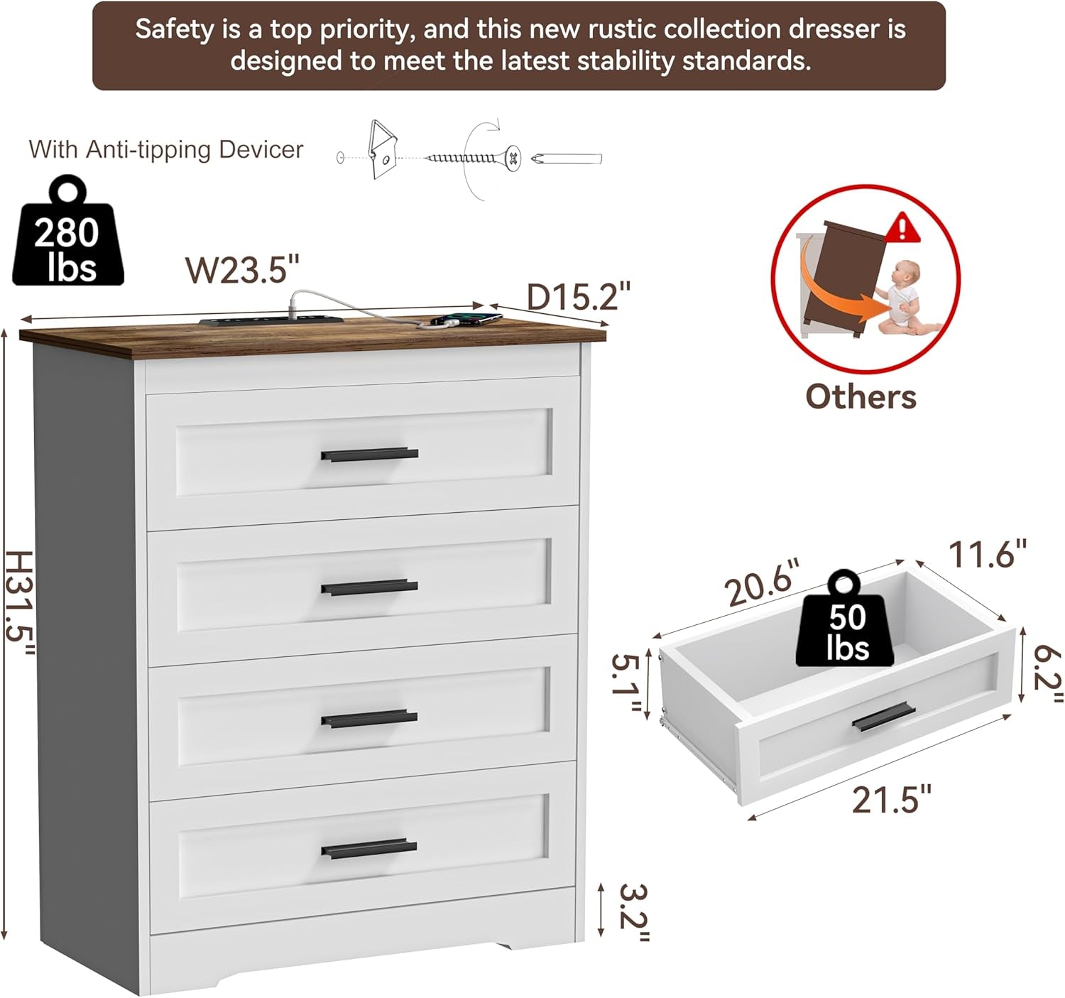 Farmhouse 4 Drawers Dresser for Bedroom Rustic Chest of Drawers with Natural Texture White Drawers Organizer for Living Room Hallway