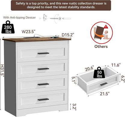 Farmhouse 4 Drawers Dresser for Bedroom Rustic Chest of Drawers with Natural Texture White Drawers Organizer for Living Room Hallway
