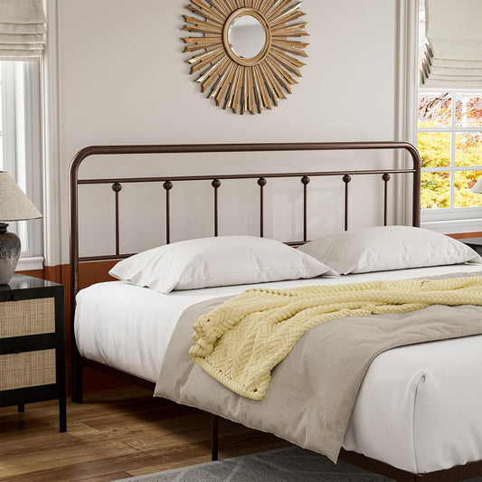 Metal King Size Headboard, Adjustable Height, Sturdy Curved Steel King Headboard Only, Victorian Farmhouse Design, Easy Assembly, Brown