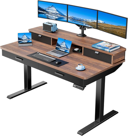 55 X 30 Inch Electric Standing Desk with Wood Drawers, Adjustable Height Sit Stand Home Office Desk with Two Tiers, Ergonomic Adjustable Stand up Desk C-Clamp Monitor Mount Compatible, Walnut