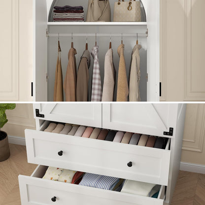 74.8" Armoire Wardrobe Closet with 2 Drawers and 2 Doors, Tall Bedroom Freestanding Armoire Storage Cabinet with Shelves, Wood Large Wardrobe Combination for Hanging Clothes (White)