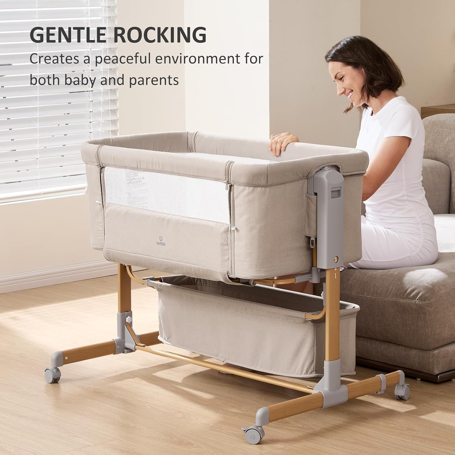 3 in 1 Baby Bassinet, Rocking Bassinet, Bedside Bassinet, 6-Height Adjustable, Bassinet Bedside Sleeper, Bedside Bassient for Baby with Comfy Mattress, Breathable Mesh, Large Storage Basket