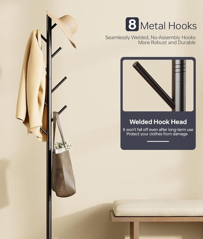 Coat Rack with 8 Hooks, Modern Hall Tree, Sturdy Metal Clothes Stand & Sintered Stone Base for Entryway, Office, Bedroom, Stable Storage in Coats, Hats, Handbags and Scarves, Black
