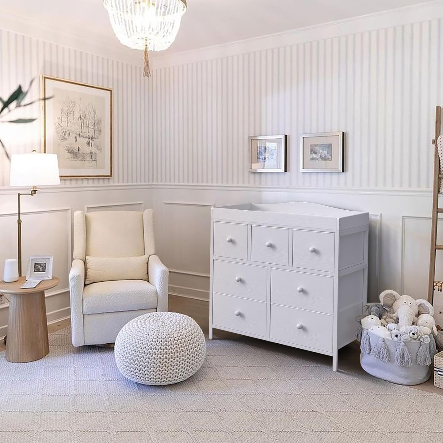 Changing Table Dresser with Storage, Baby Dresser with Changing Table Top Diaper Changing Station with 7 Fabric Drawers for Nursery Modern