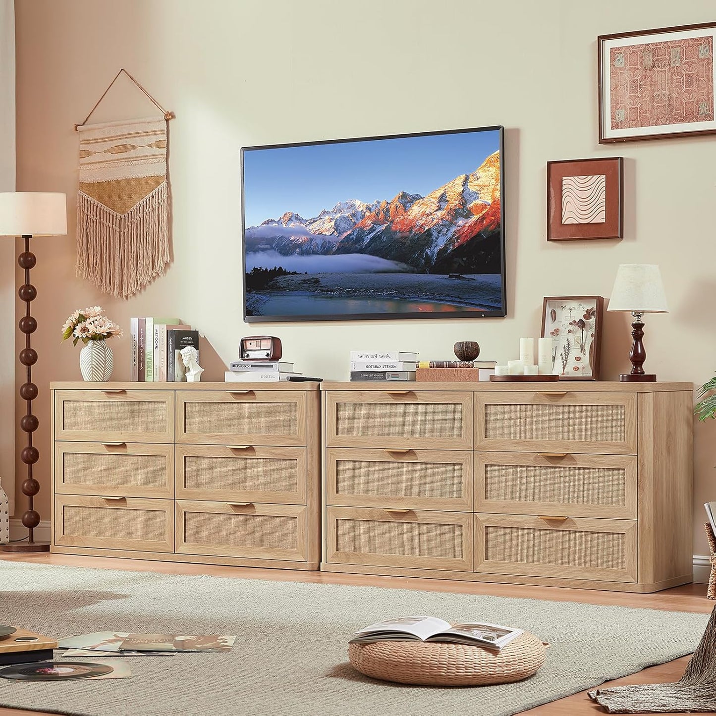 Rattan 6 Drawer Dresser for Bedroom, Boho 54" Wide Natural Wood Dresser Chest of Drawers, Dressers TV Stand with Metal Handle, Storage Dressers Closet Organizer for Living Room, Hallway