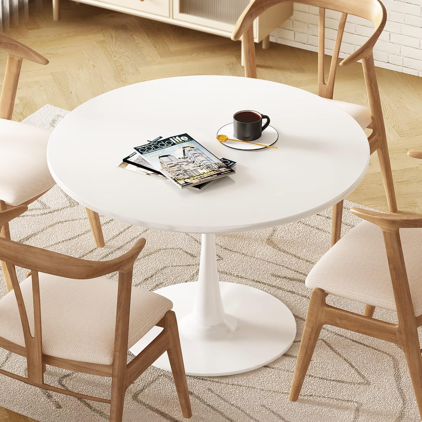 White round Dining Table, 31.5" Tulip Kitchen Dining Table for 2-4 People with MDF Table Top & Pedestal Base, Modern Minimalist Design