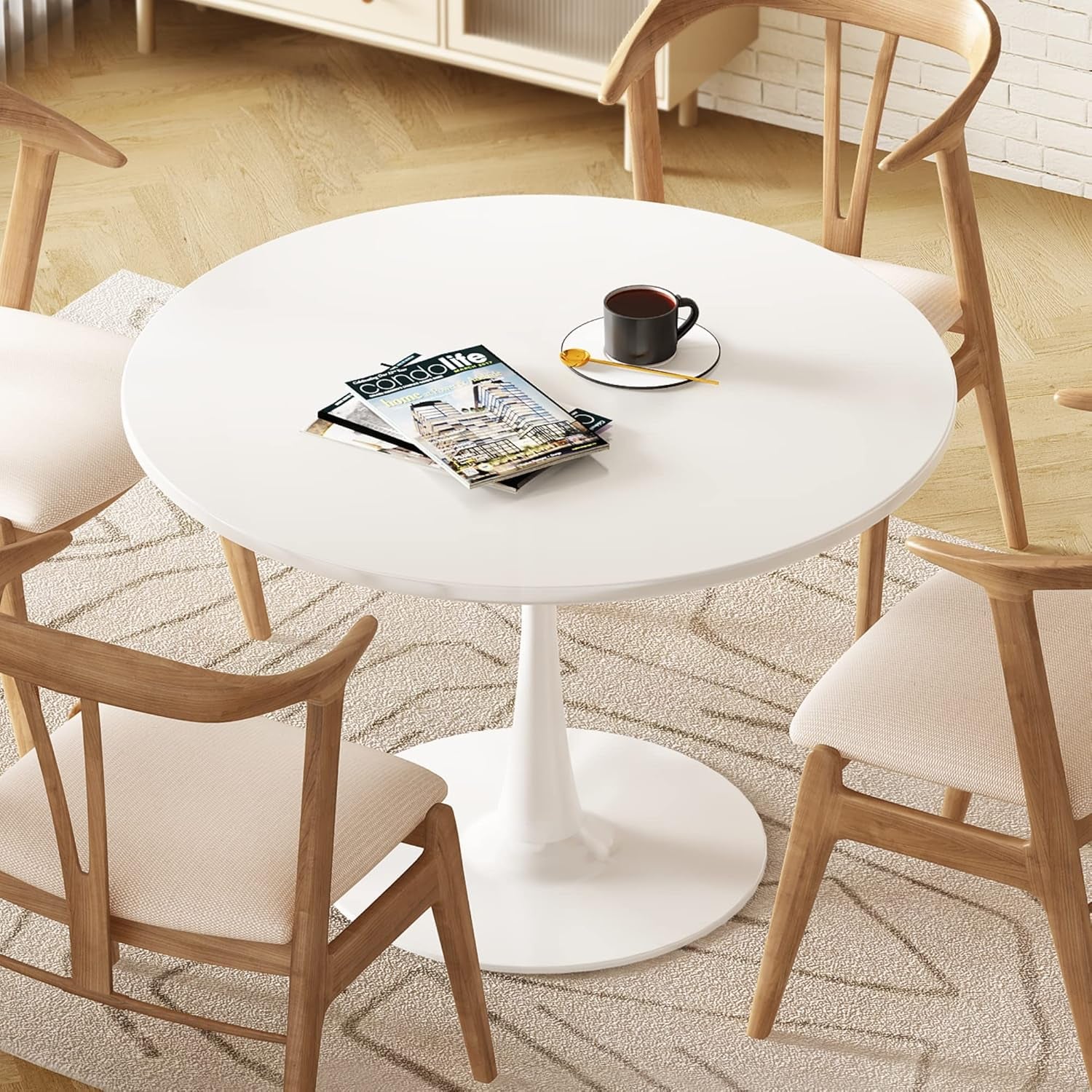 White round Dining Table, 31.5" Tulip Kitchen Dining Table for 2-4 People with MDF Table Top & Pedestal Base, Modern Minimalist Design