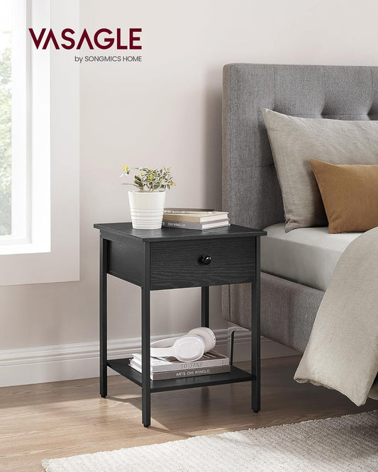 Nightstand, End Table, Side Table with Drawer and Shelf, 15.7 X 15.7 X 21.7 Inches, Bedroom, Steel Frame, Easy Assembly, Modern, Ebony Black ULET055B56
