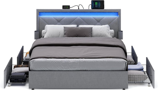LED Bed Frame Queen Size, Queen Bed with Headboard and 4 Drawers, 1 USB Port and 1 Type C Port, Adjustable Upholstered Headboard 36.7/39.3 Inches, No Box Spring Needed, Light Gray URMB821G01