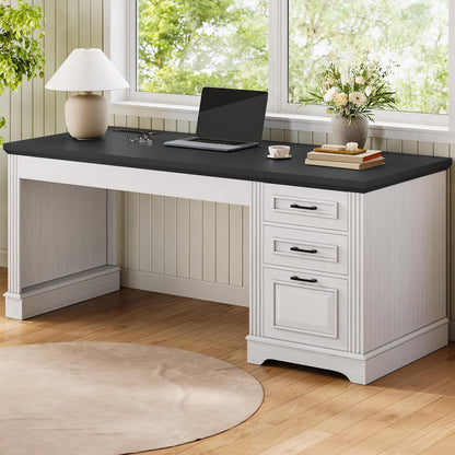 Farmhouse 55" Executive Desk, Computer Desk with Storage Drawers and Power Outlet, Home Office Desk, Workstation for Office Home, White