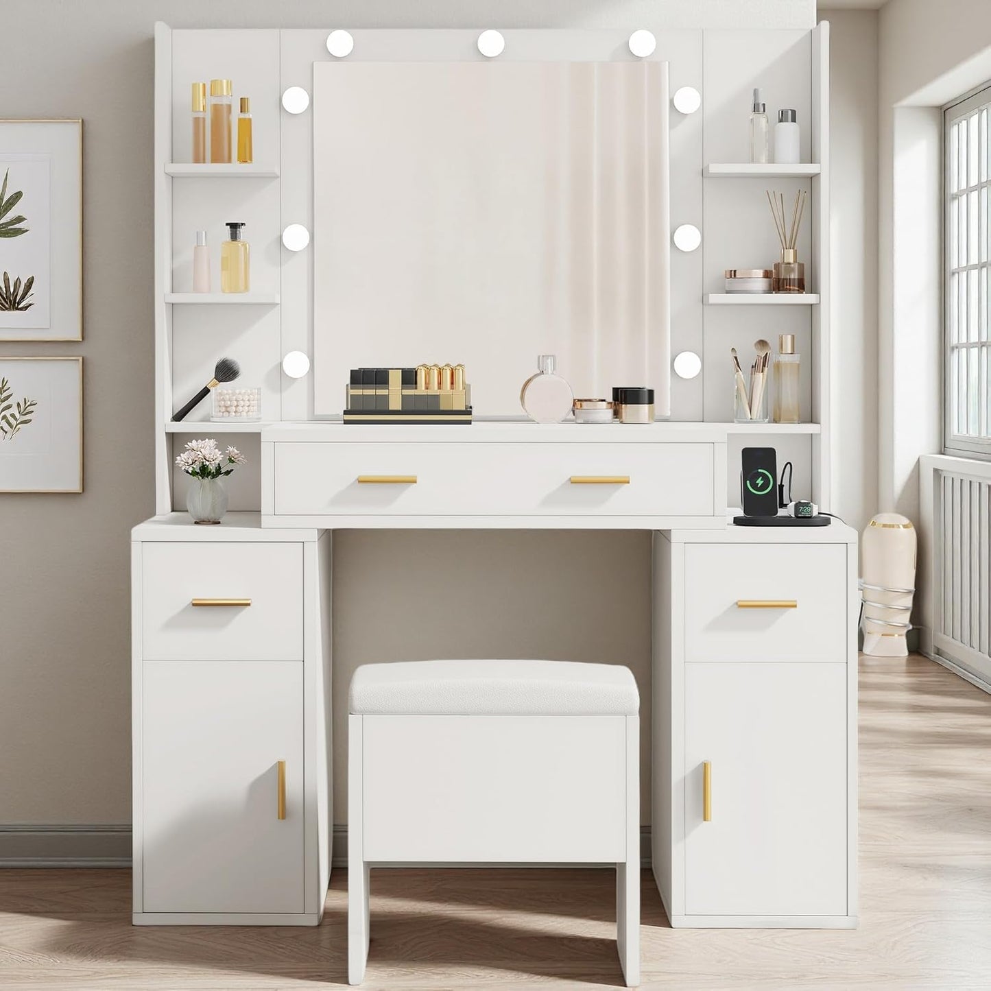 Makeup Vanity Set with Mirror & 3-Mode Lights, Vanity Desk with Storage Stool, Power Outlet, Shelves, Drawers & Hair Tool Holder, Dressing Table for Apartment Dorm Guest Room, White