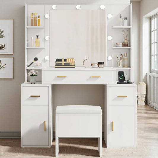Makeup Vanity Set with Mirror & 3-Mode Lights, Vanity Desk with Storage Stool, Power Outlet, Shelves, Drawers & Hair Tool Holder, Dressing Table for Apartment Dorm Guest Room, White