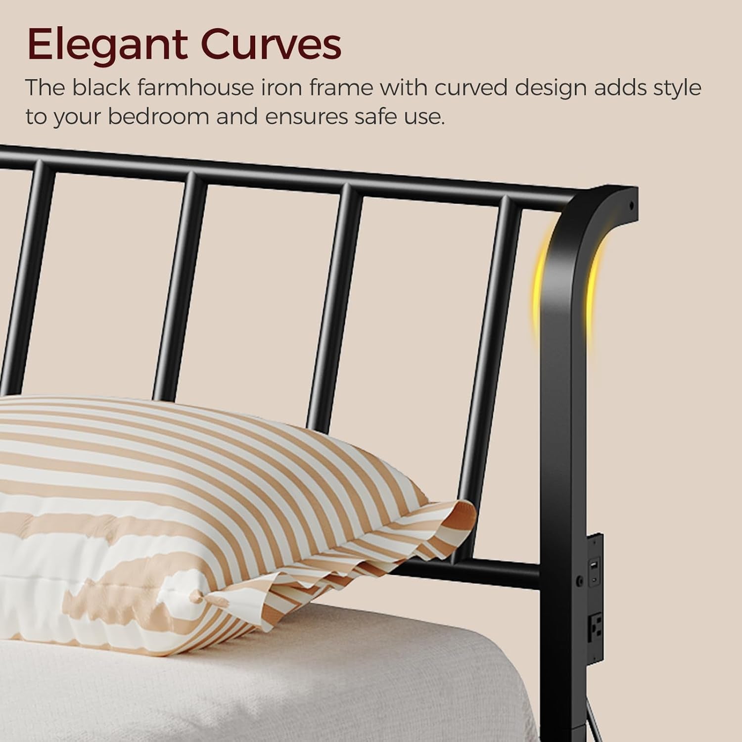 Queen Size Headboard Only, Metal Headboard with 2 Power Strips, 95 Degrees Reclining Backrest with Bed Frame Adapters, Easy Assembly, Black
