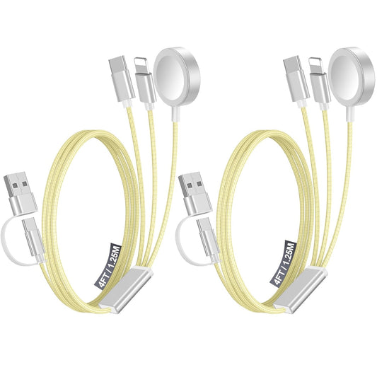 2Pack Multi Fast Charging Cable for Travel Vacation Essentials,Apple Watch Charger,Iphone Charger[3-In-2]Usb A/Type C/Lightning Cable for Iwatch,Iphone 16-11,Nintendo Switch,Airpods,Car,Camping-Yellow