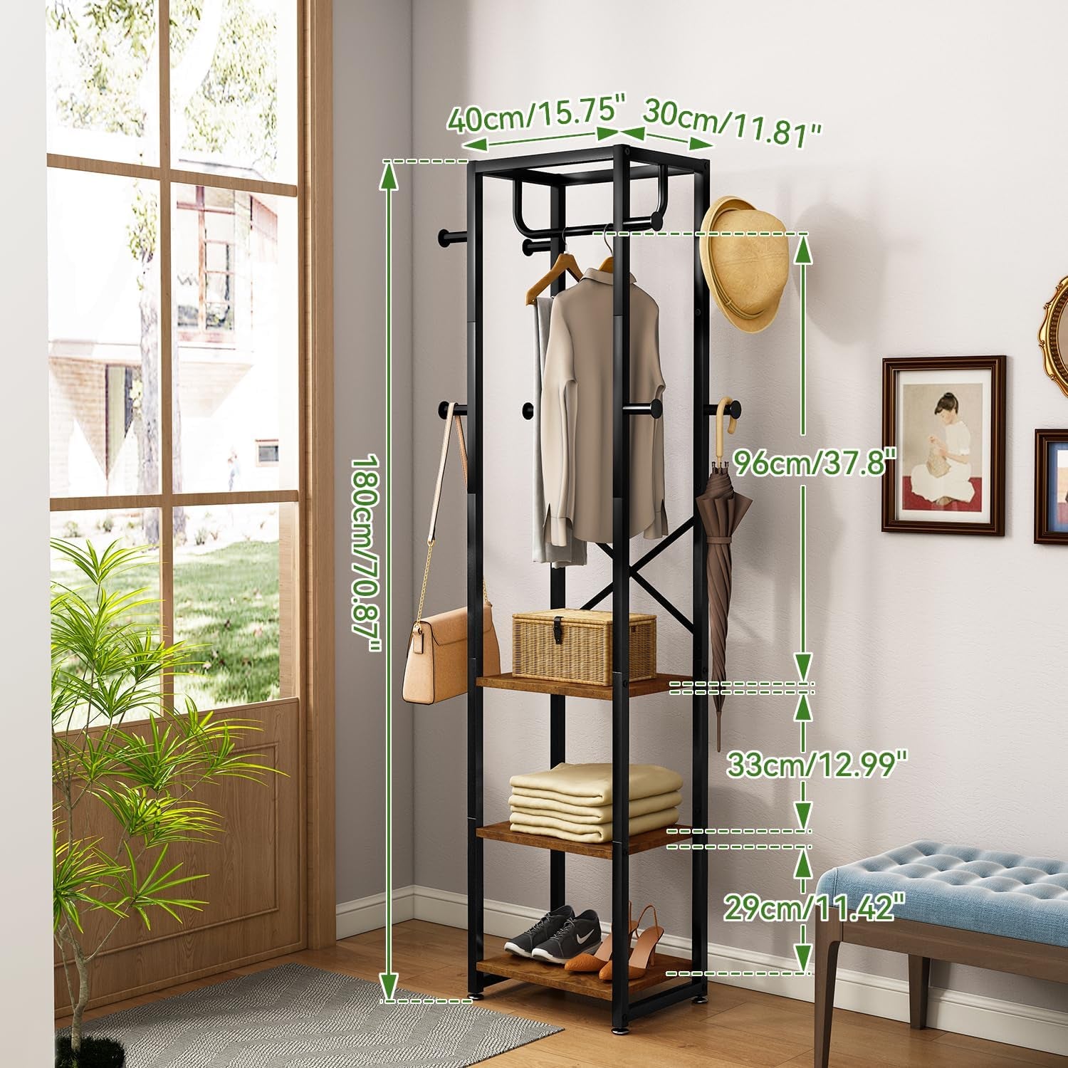 Coat Rack with Shelves, Freestanding Hall Tree with 3 Shelves and 8 Hooks, Industrial Clothes Stand for Entryway, Hallway, Bedroom, Rustic Brown UTMJ088H