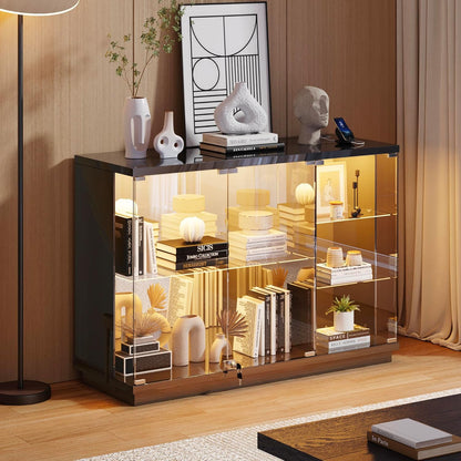 Glass Display Cabinet with Lock & LED Light, High Gloss Sideboard with Human Body Sensor & Glass Shelves for Toys, Books, Collectibles, Liquor, Bookcase for Living Room, Kitchen, Study, Black