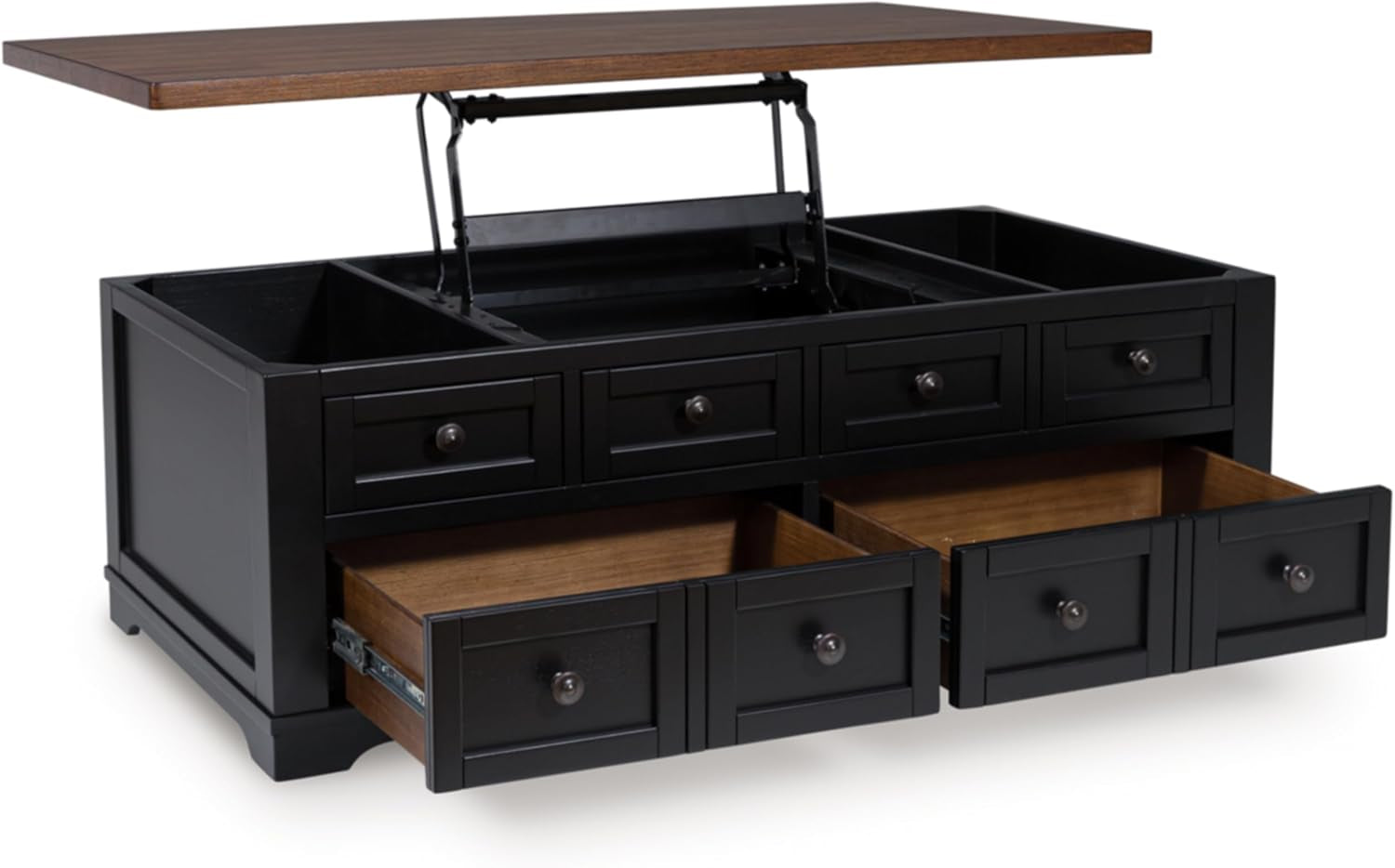 Wildenauer Lift Top Cocktail Table, Satin Finish Base, 2 Drawers, 2 Storage Bins, Hardwood Solids, 52" W X 28" D X 19" H, Light Brown & Black