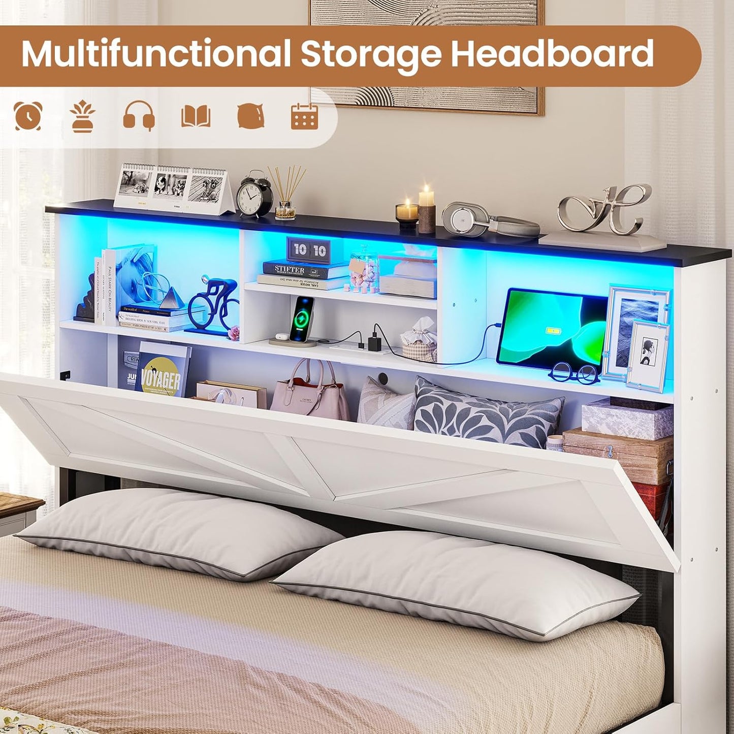 Farmhouse Bed Frame Queen Size with Bookcase Storage Headboard, Charging Station and LED Lights, Wooden Queen Bed Frame with 4 Drawers, Barn Door Design, No Box Spring Needed, No Noise, White