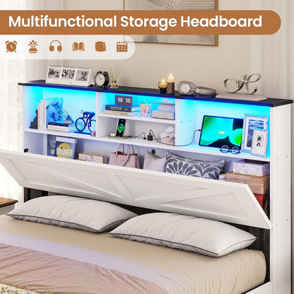 Farmhouse Bed Frame Queen Size with Bookcase Storage Headboard, Charging Station and LED Lights, Wooden Queen Bed Frame with 4 Drawers, Barn Door Design, No Box Spring Needed, No Noise, White