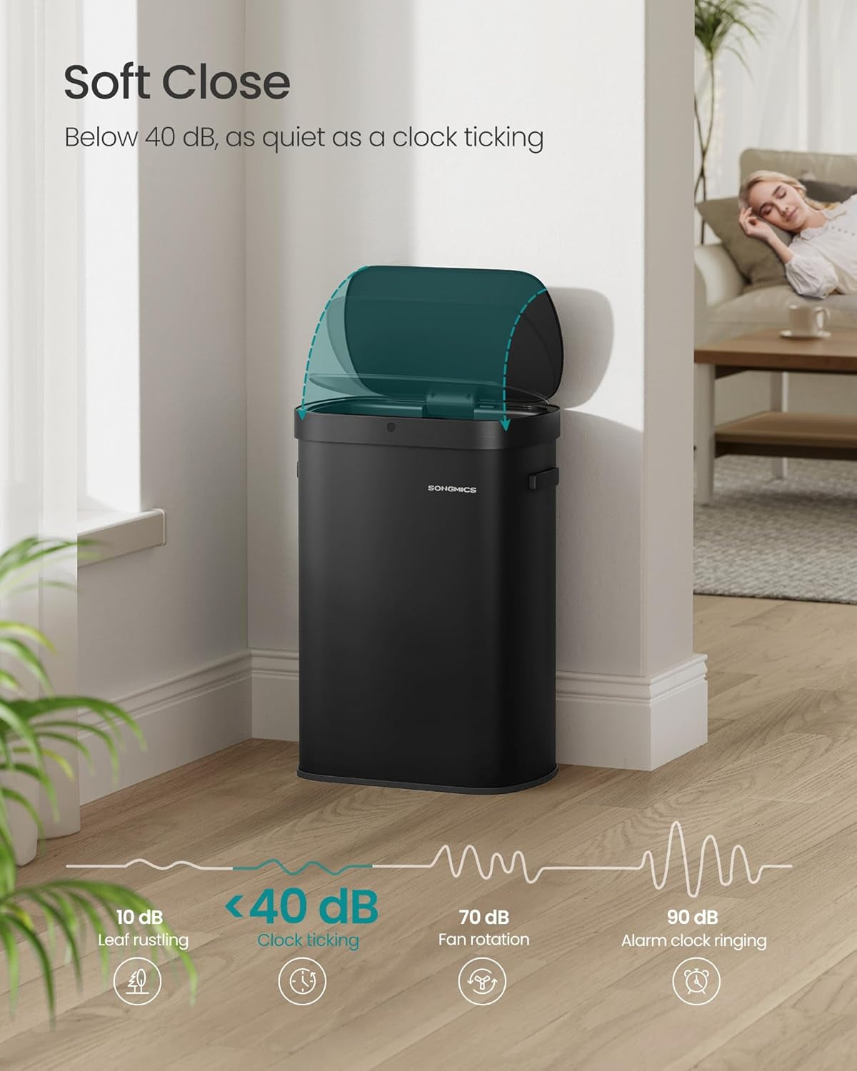 Motion Sensor Trash Can, 13-Gallon (50 L) Automatic Garbage Can with Soft Close Lid, Stainless Steel, Wave or Touch to Open, Includes 15 Bags, Ink Black ULTB640B01