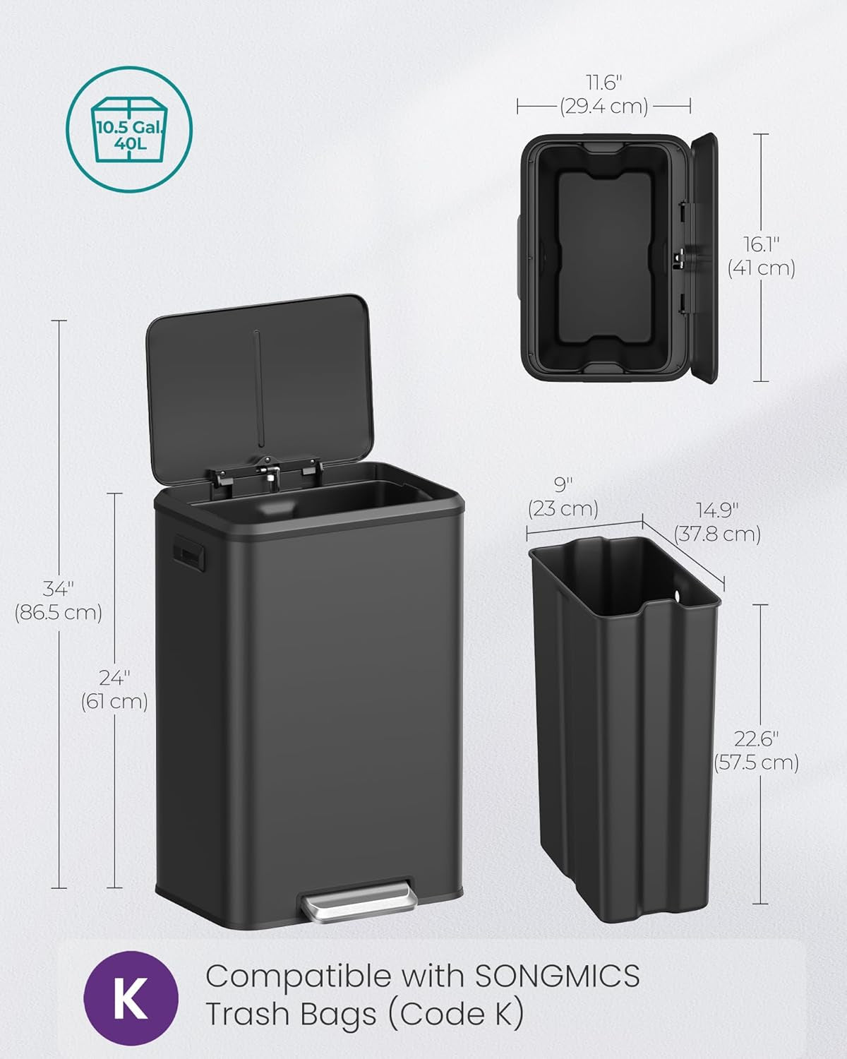 Kitchen Trash Can, 10.5-Gallon (40L) Garbage Can with Lid and Wide Foot Pedal, Soft Close and Stays Open, Black ULTB541B40