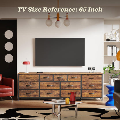 70 Inch White Dresser for Bedroom, TV Stand for 65, 75, 80 Inch TV, 13 Fabric Drawer Long Dresser, Wide Chest of Drawer, Storage Units for Bedroom