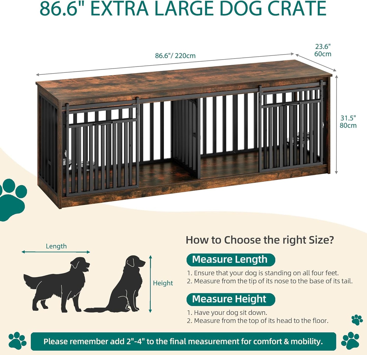 71 Inch Double Dog Crate Furniture for 2 Dogs, Heavy Duty Wooden Dog Crate TV Stand with 4 Dog Bowls, Dog Kennel Indoor Furniture Sliding Barn Door Design for Extra Large Dogs, Rustic Brown