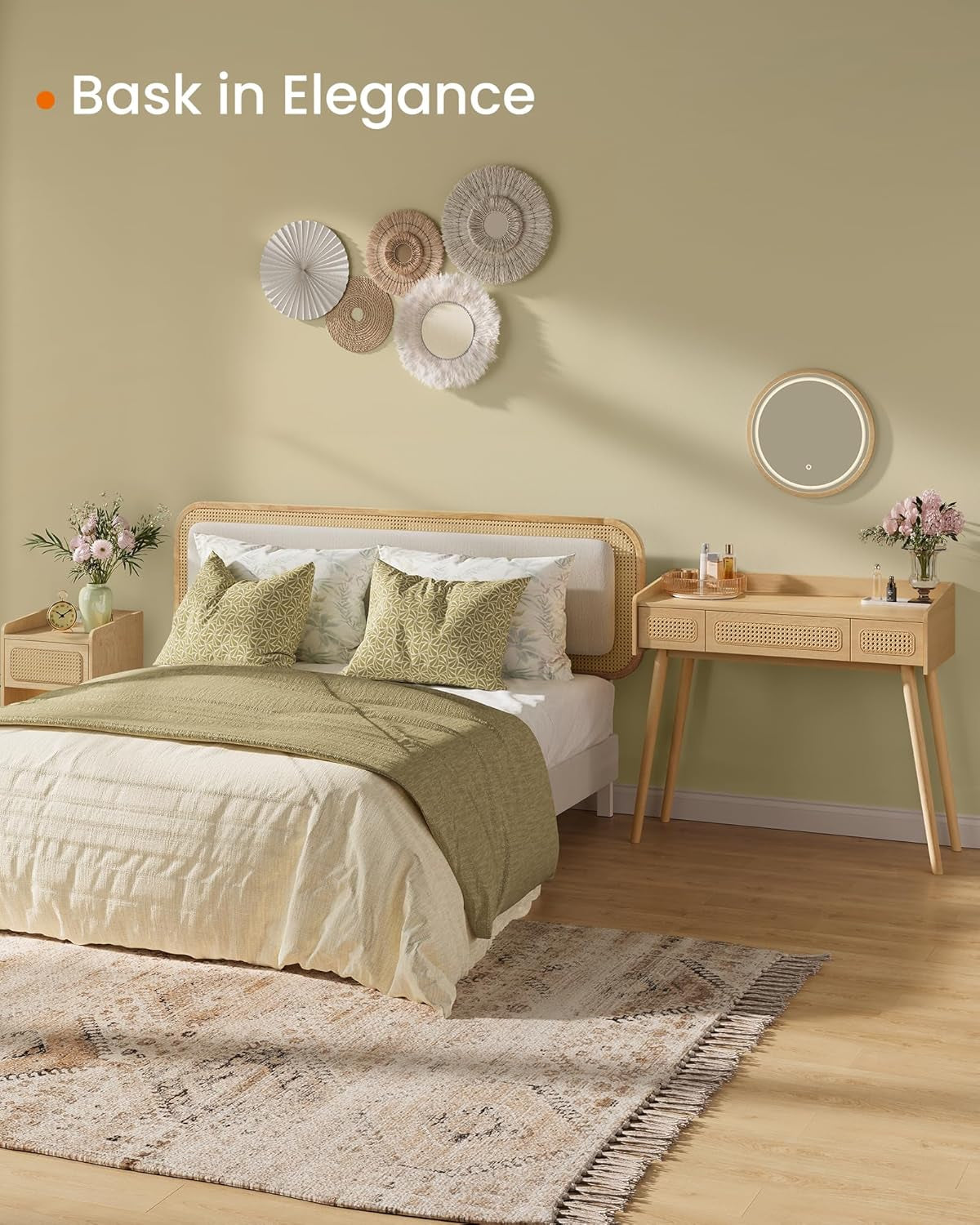 Vanity Desk with Mirror and Lights, Boho Makeup Vanity Table with 3 Rattan-Look Drawers, Dimmable Touch Control Light with 3 Color Temperatures, for Bedroom, Oak Beige