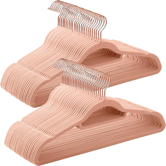 Velvet Hangers, Set of 50 Clothes Hanger with Rose Gold Swivel Hook, Non-Slip, and Space-Saving, 0.2-Inch Thick, 17.1-Inch Long for Coat, Shirt, Dress, Pants, Tie, Coral Pink UCRF21PK50