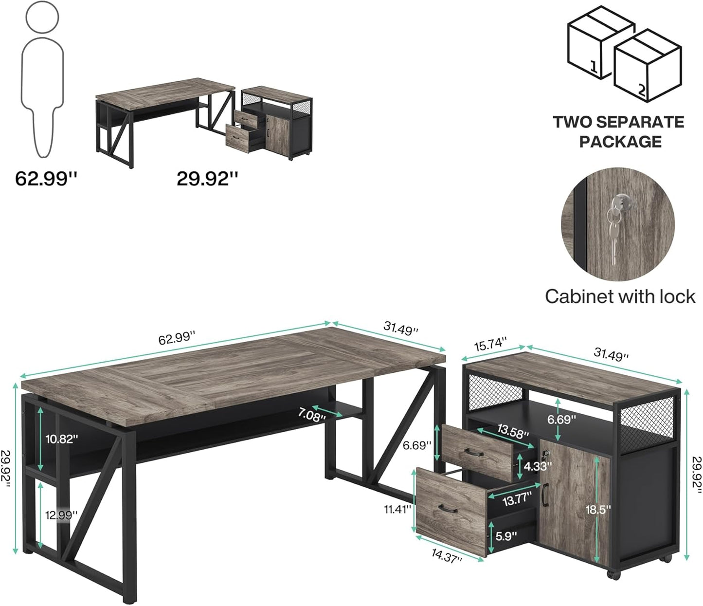 L Shaped Desk with Drawer Cabinet, 63" Executive Computer Desk and Lateral File Cabinet, 2 Piece Home Office Furniture with Drawers for Hanging File, Doors with Locks (Gray, 63 Inches)