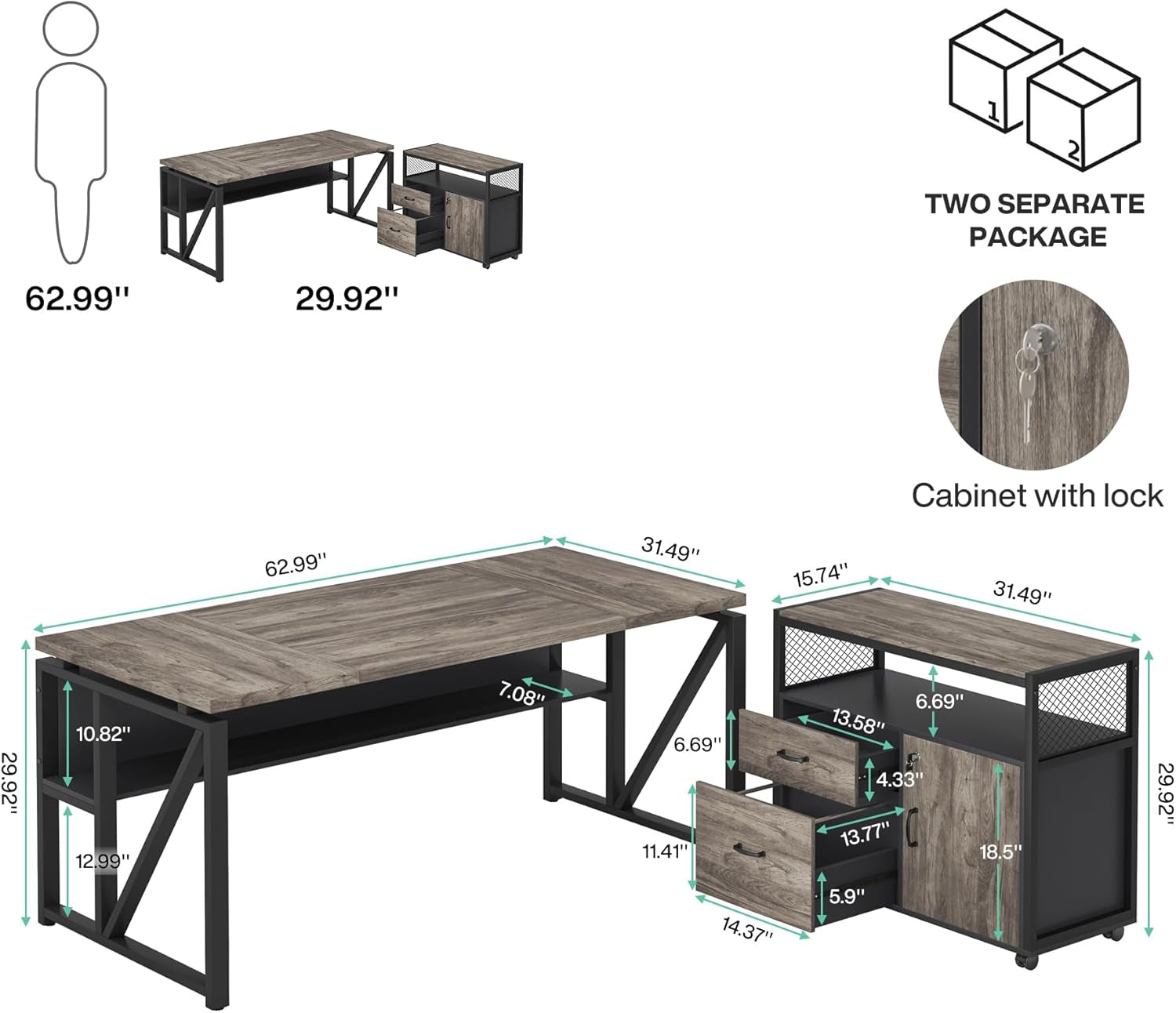 L Shaped Desk with Drawer Cabinet, 63" Executive Computer Desk and Lateral File Cabinet, 2 Piece Home Office Furniture with Drawers for Hanging File, Doors with Locks (Gray, 63 Inches)