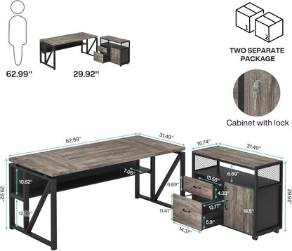 L Shaped Desk with Drawer Cabinet, 63" Executive Computer Desk and Lateral File Cabinet, 2 Piece Home Office Furniture with Drawers for Hanging File, Doors with Locks (Gray, 63 Inches)