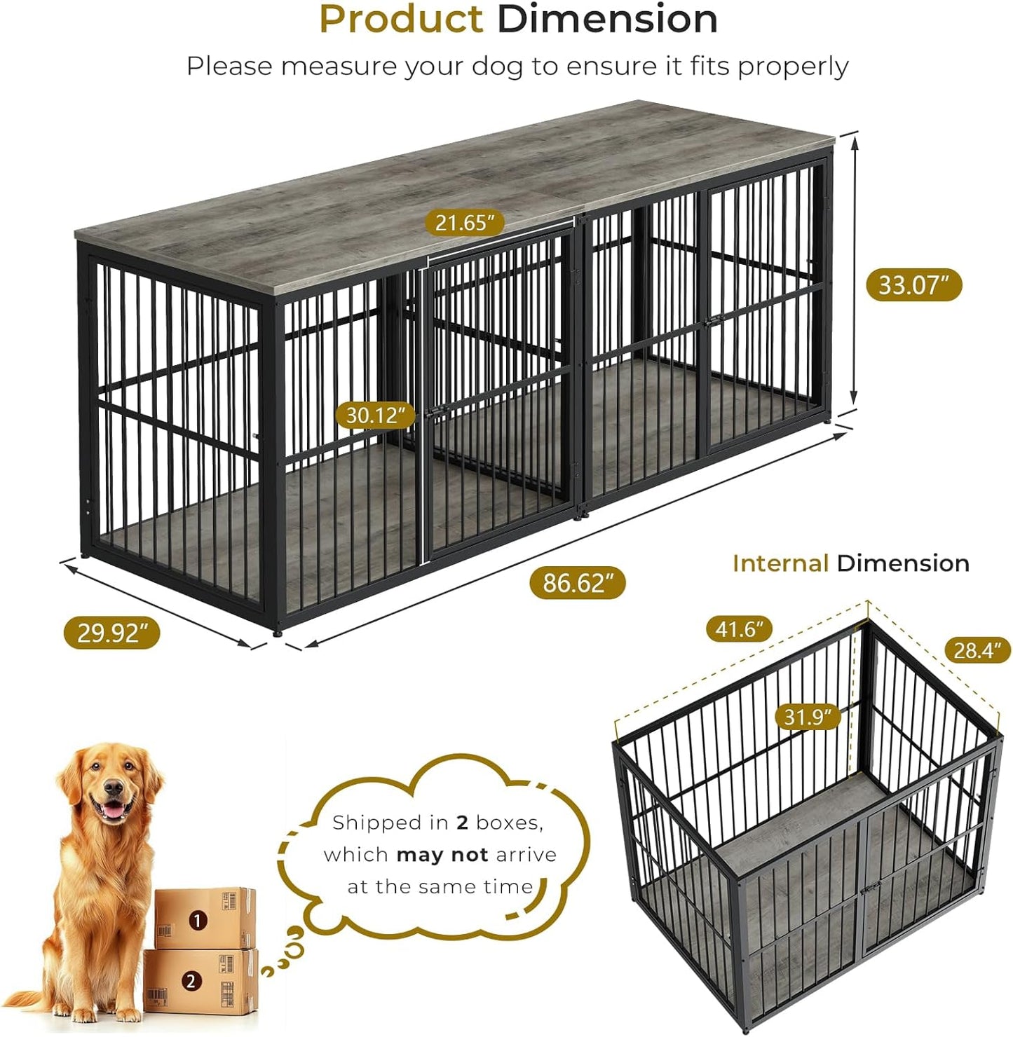 86'' Dog Crate Furniture Large Breed TV Stand for 2 Large Dogs, Double Wooden Crate Pet Cage with Removable Divider, Indoor Heavy Duty Kennel Corner End Table, Can Use Separately, Grey