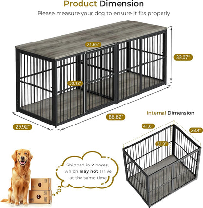 86'' Dog Crate Furniture Large Breed TV Stand for 2 Large Dogs, Double Wooden Crate Pet Cage with Removable Divider, Indoor Heavy Duty Kennel Corner End Table, Can Use Separately, Grey