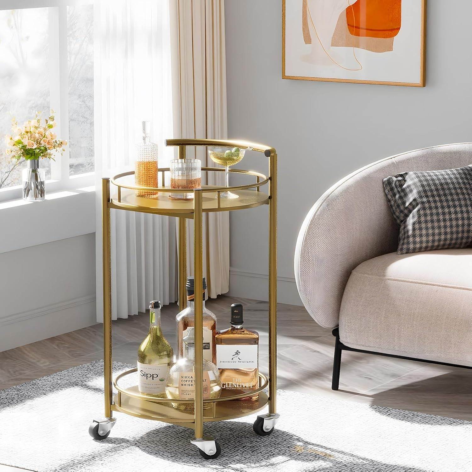 Bar Cart Gold Rolling Cart for Home,2 Tiers Bar Serving Cart round Wine Cart with Handle, Metal Wine Rack and Casters, Serving Bar Trolley for Home Kitchen,Living Room,Christmas,New Year