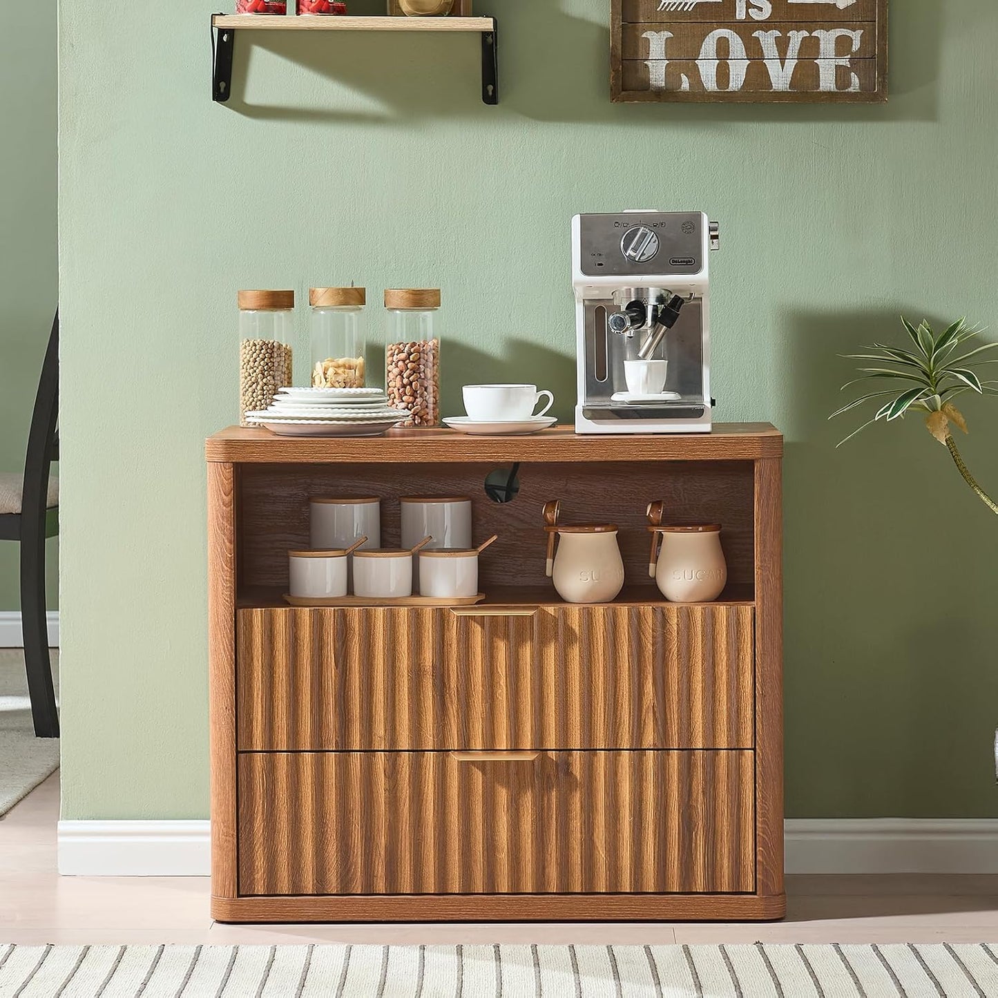 31" Wide Fluted Nightstand Set of 2 with Charging Station, Oversized Extra Large 2 Drawers Night Stand,Brown Wood Bedside Table,Tall End Tables,Modern Chest of Drawers Dressers for Bedroom