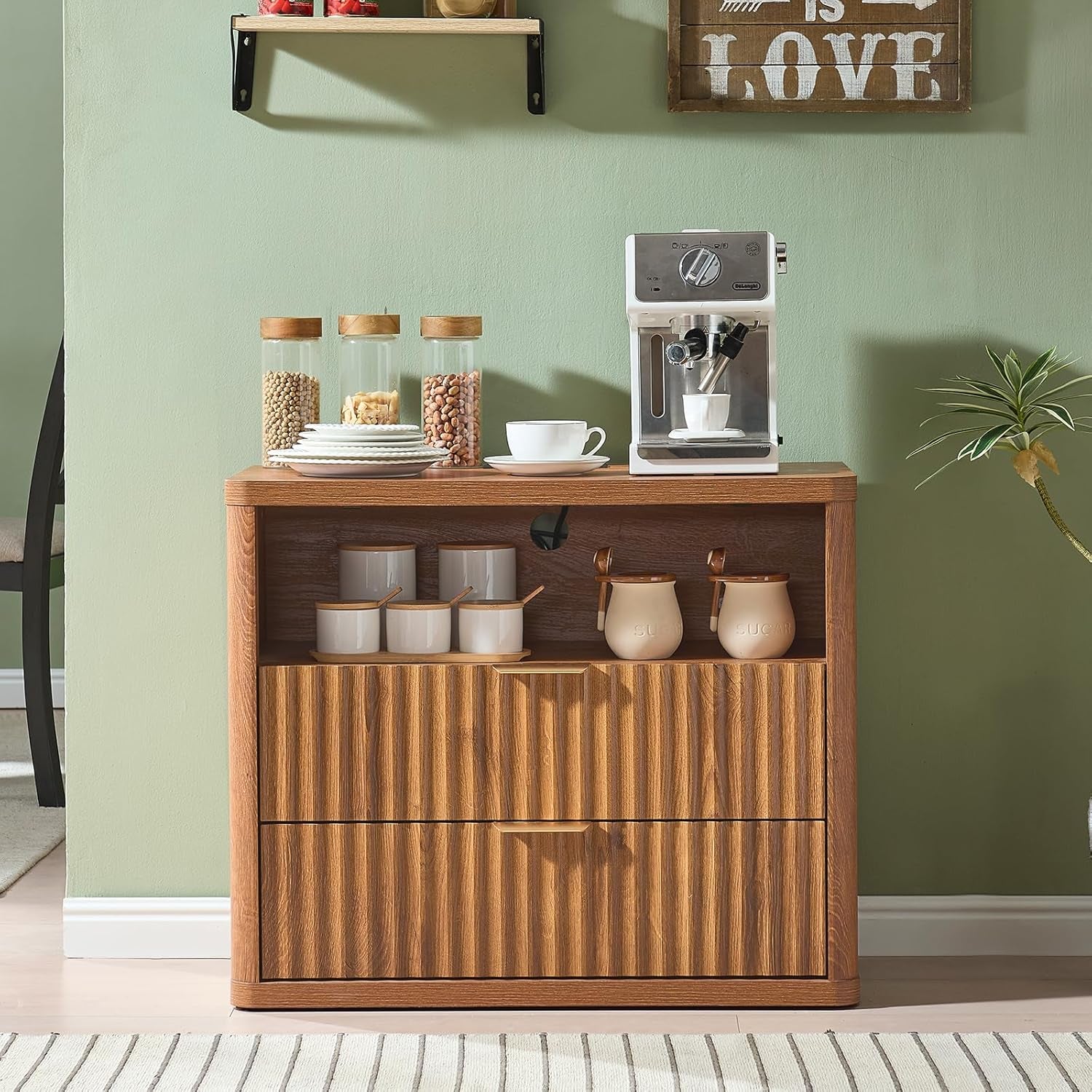 31" Wide Fluted Nightstand Set of 2 with Charging Station, Oversized Extra Large 2 Drawers Night Stand,Brown Wood Bedside Table,Tall End Tables,Modern Chest of Drawers Dressers for Bedroom