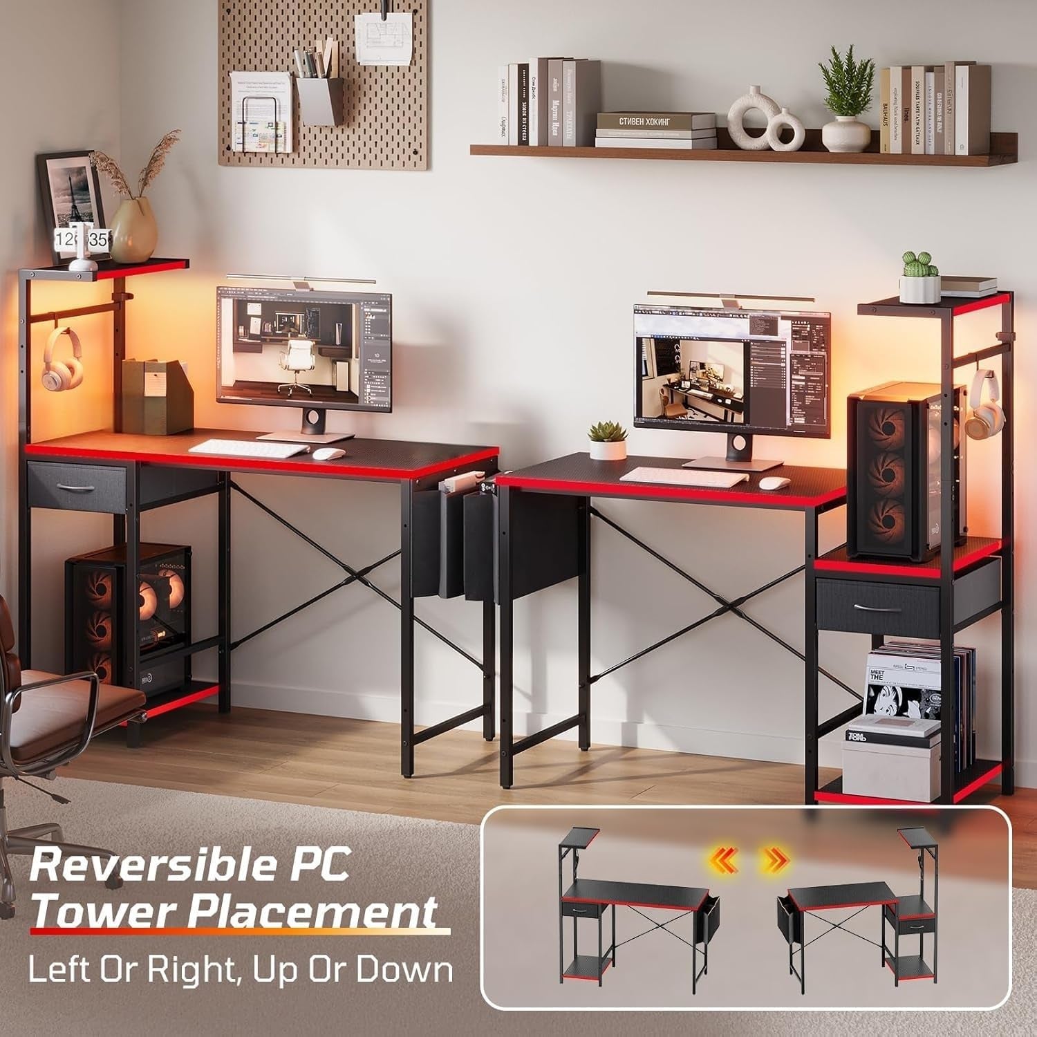 Gaming Desk with Drawer, 44 Inch Small Computer Desk with PC Shelf, Gaming Table with LED Lights for Small Spaces, Reversible Gamer Desk with Storage Bag & Side Hook, Black-Red