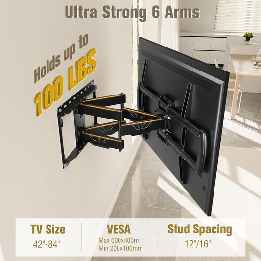TV Wall Mount, UL Listed Full Motion Mount Bracket for 42-84 Inch Flat Screen Tvs, Swivel Articulating Dual Arms, Max VESA 600X400Mm, 100 LBS Loading, Fits 16 Inches Wood Studs, MD2296