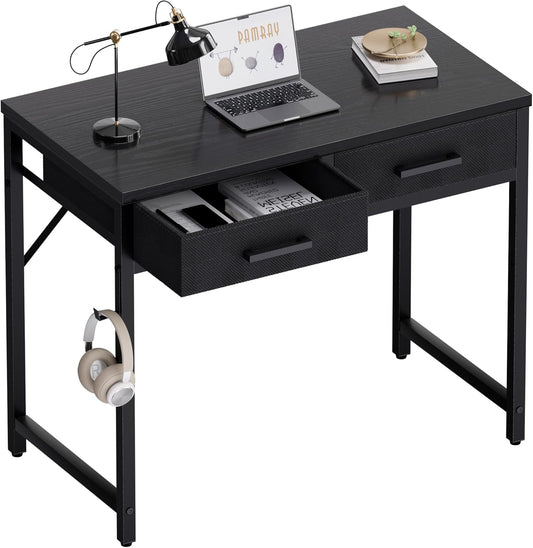32 Inch Small Computer Desk with 2 Drawers for Bedroom Study Writing Home Office Table for Small Spaces Black