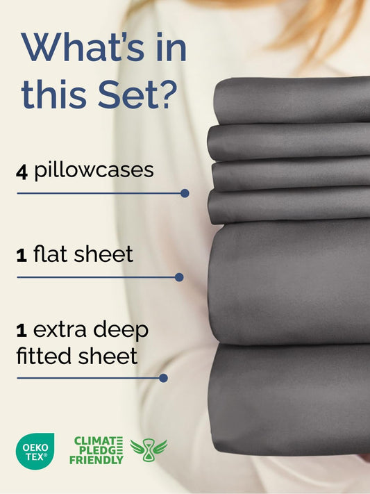 Extra Deep Queen Sheet Set - 6 Piece Breathable and Cooling Sheets - Hotel Luxury Bed Sheets Set - Easy & Secure Fit - Soft, Wrinkle Free and Comfy Sheets Set - Grey Sheet Set with Extra Deep Pockets