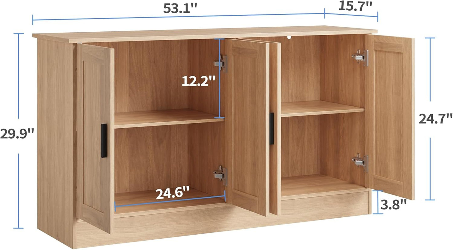53.1“W Oak 4 Door Buffet Cabinet, Coffee Bar with Adjustable Shelf, Kitchen Sideboard for Living Room, Hallway